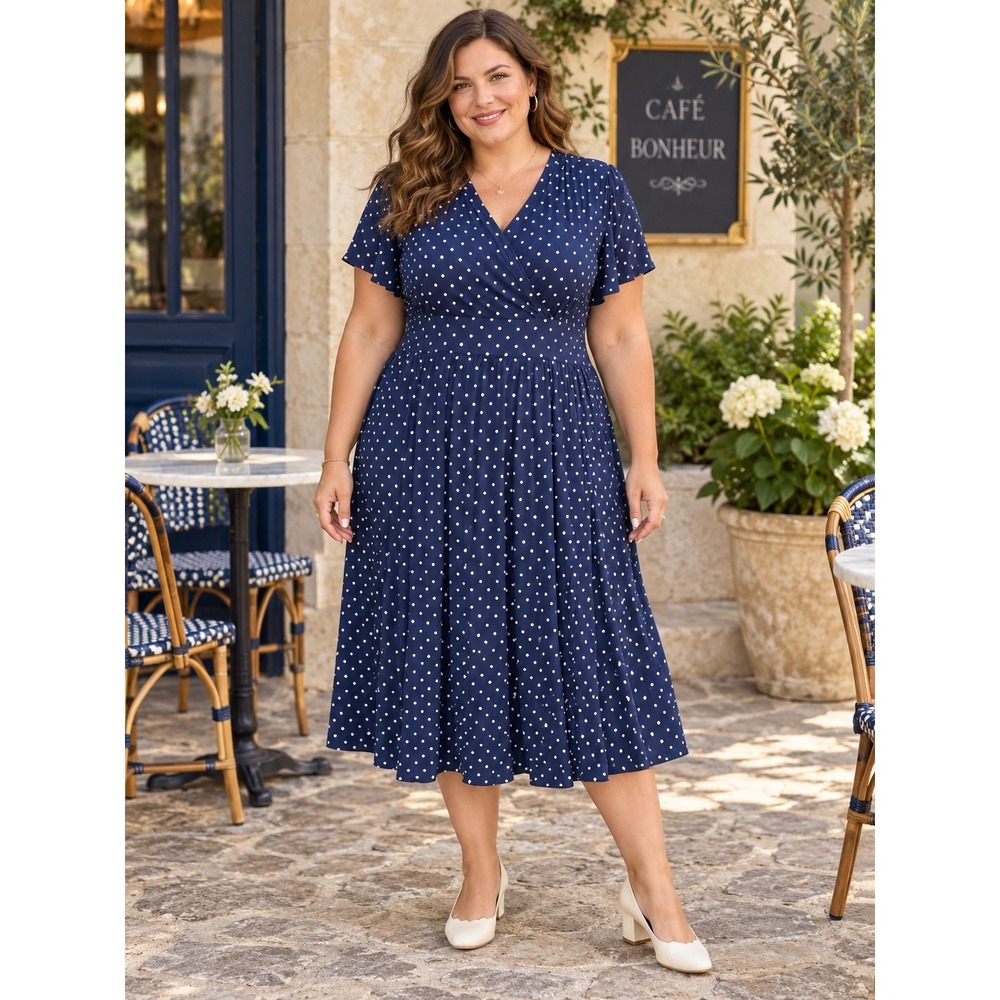 K304. LL Bean Navy Blue Polka Dot Faux Wrap Midi Dress 1X Short Sleeve Surplice